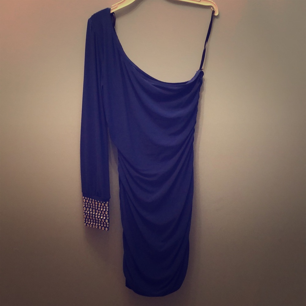 Royal blue one sleeved crystal cuffed formal dress